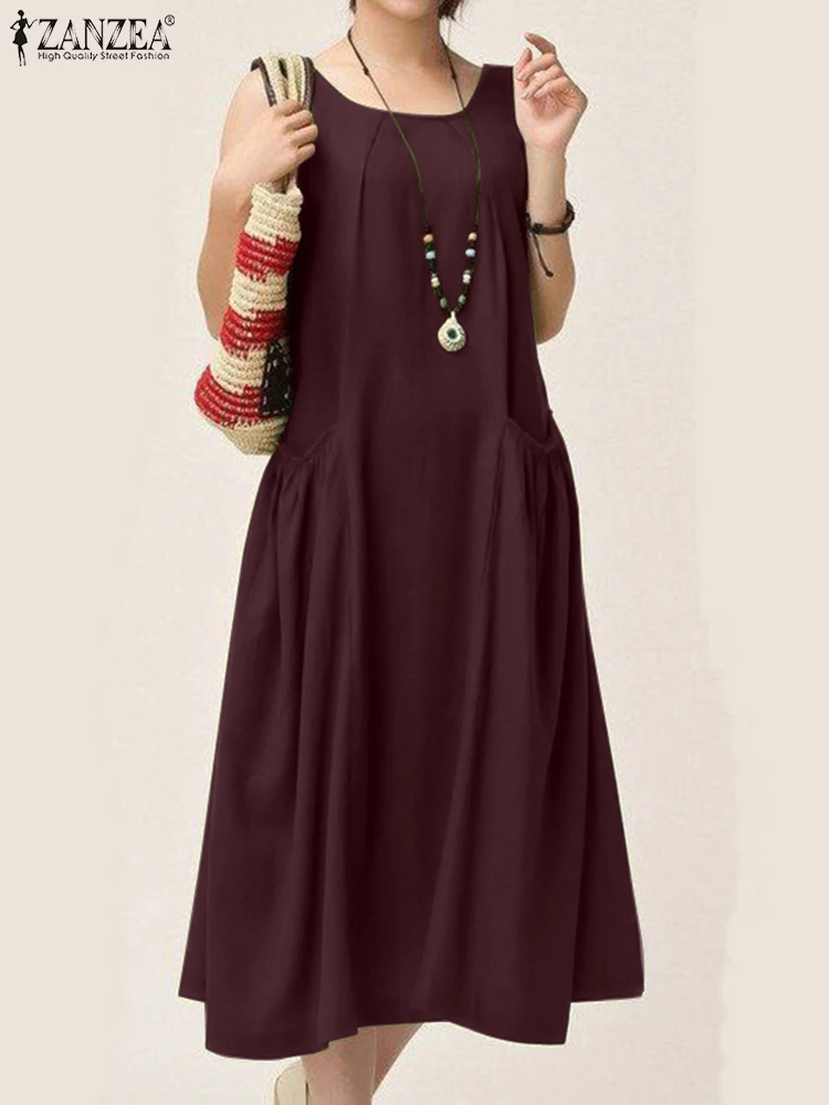 

Сарафан ZANZEA женский с круглым вырезом, винтажный мешковатый однотонный Повседневный пляжный сарафан без рукавов, большие размеры, на лето
