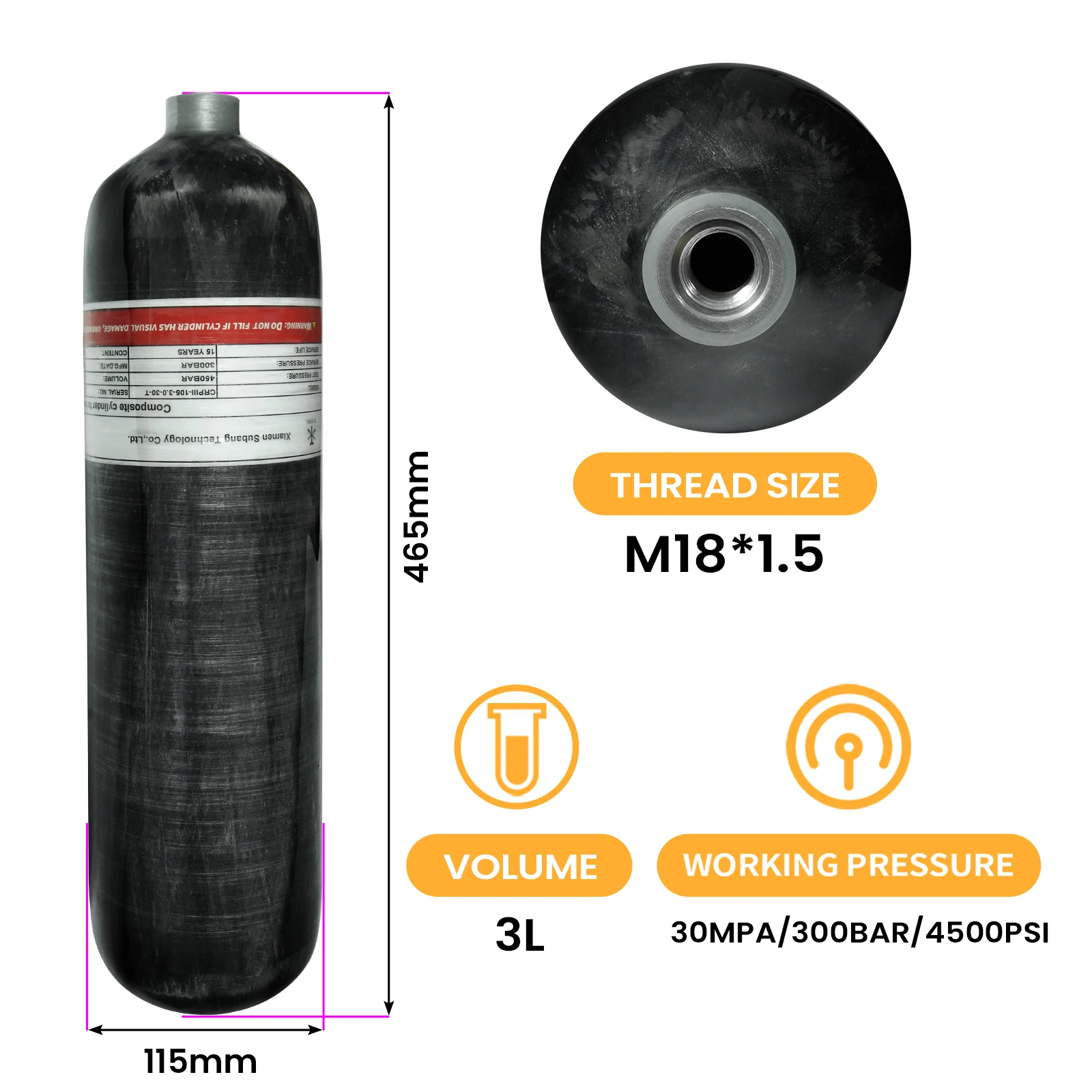

TUXING 300Bar 4500Psi 3L цилиндр из углеродного волокна HPA бутылка высокого давления бак для подводного плавания для пожаротушения дайвинг M18 * 1,5
