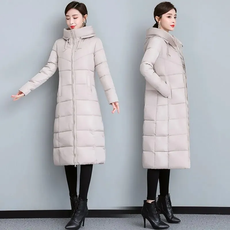 Women's Parka 2022 Winter New Long Padded Jackets Slim Waist Hooded Stand Collar Long Sleeve Solid Casual Mother Coat Female Top
