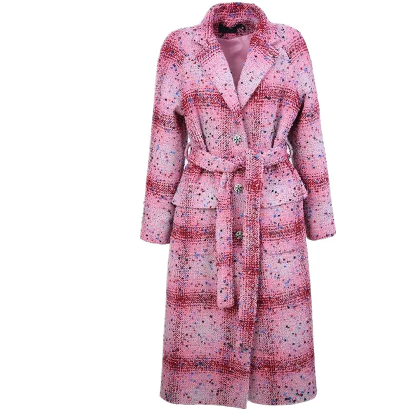 

Small Fragrance Tweed Plaid Long Woolen Overcoat Women Autumn Winter Wool Blends Outwear