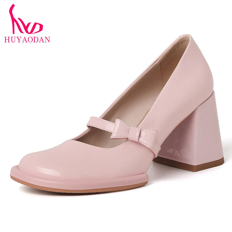 

Женские туфли-лодочки на платформе HUYAODAN, элегантные туфли из натуральной кожи на массивном высоком каблуке, цвет черный/розовый, офисные туфли-лодочки, размеры 34-39