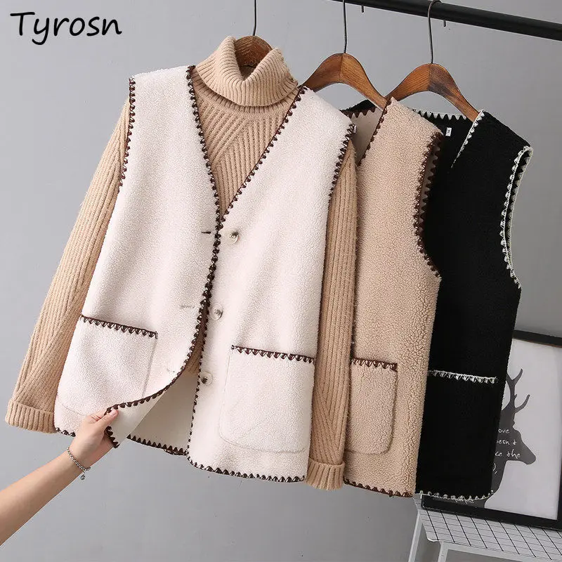 

Waistcoats Women Lambswool New Warm All-match Gentle Streetwear Casual V-neck Coats Females Patchwork Chic Ulzzang Comfortable