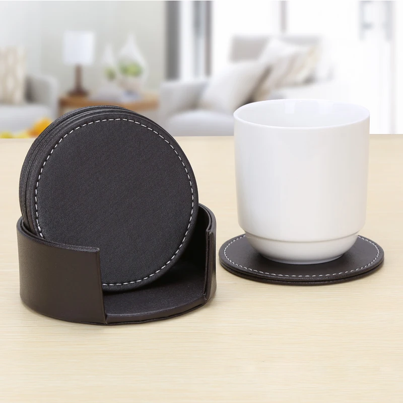 

Coffee Coaster Square Round Black Coffee Color Coaster Creative Leather Simple Thickened Insulation Pad Kitchen Supplies