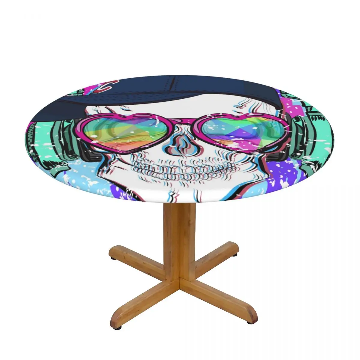

1Pc Waterproof Tablecloths Round Elastic Tablecloth Skull Headphones Hat Love Heart Glasses Table Cloth Cover Coffee Table Pad
