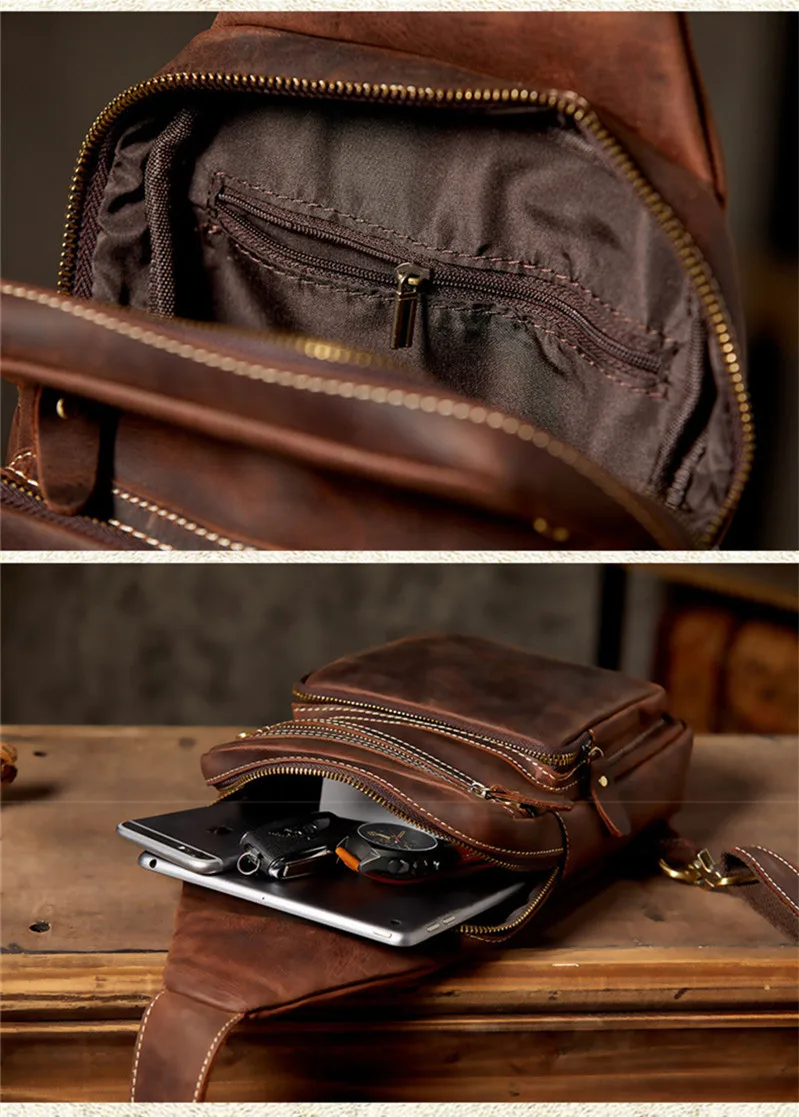 Retro fashion crazy horse cowhide men's multi pocket brown chest bag youth outdoor sports hot sale genuine leather diagonal bag