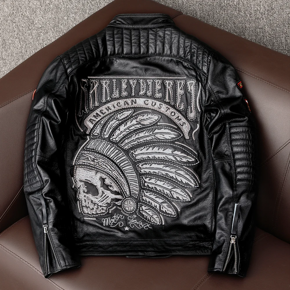 

Men's Black Embroidery Skull Motorcycle Leather Jackets 100% Real Natural Cowhide Moto Jacket Biker Leather Coat Slim Clothing