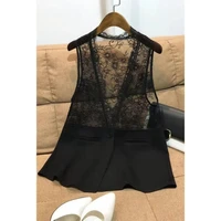 2022 woman lace print vests female holiday street black thin waistcoat summer ladies all match open stitch vintage outerwear a87