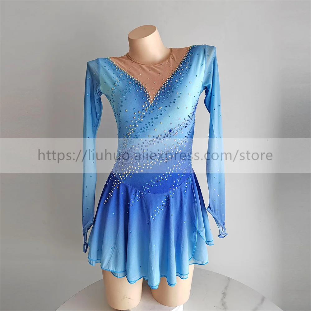 

LIUHUO Women Aldult Teen Girl Customize Costume Performance Competition Leotard Ice Figure Skating Dress Dance Blue Skirt Roller