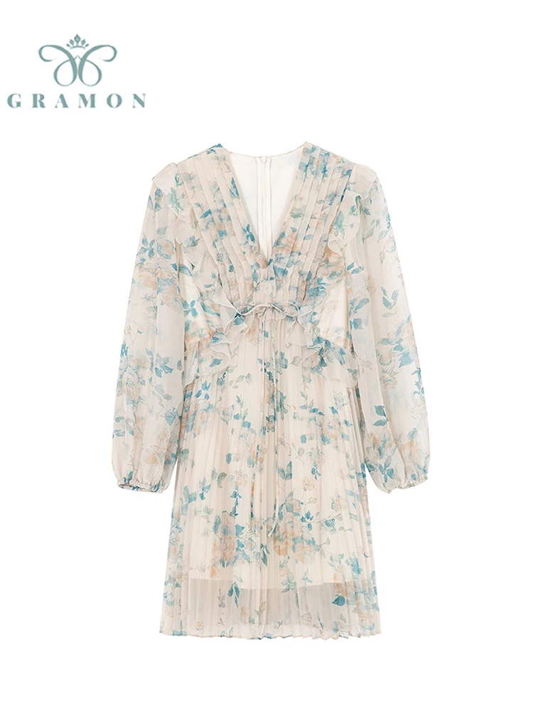 

Floral Dresses Women Long Sleeve Ruched Print A Line V-neck Tie Up Mini Vestidos Sexy Chic Spring Autumn Beach Chiffon Vestidos