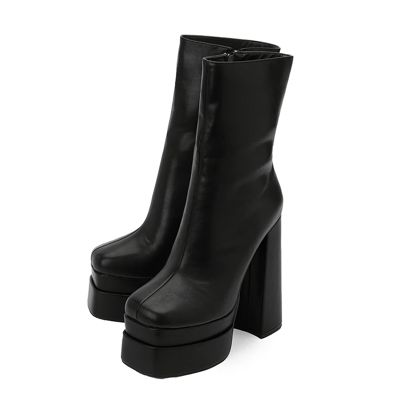 Winter Solid Color 15CM Thick High Heels Woman Boots Shoes Sexy Black Platform Side Zipper Ankle Boots Short Bootie Martin Boots