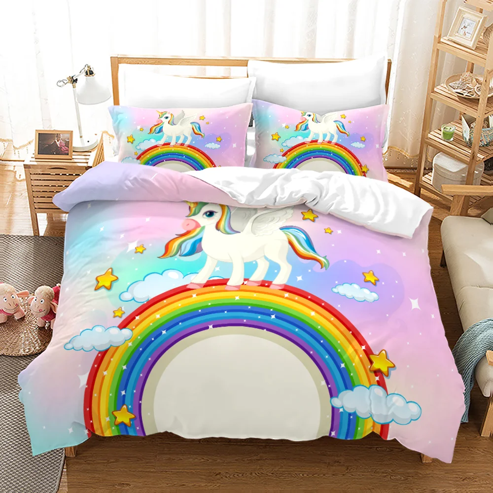 

Cartoon Unicorn Bedding Set Set Dream Starry Sky Bed Linen For Girls Kids Home Decor Single Double Twin Rainbow Pink Duvet Cover