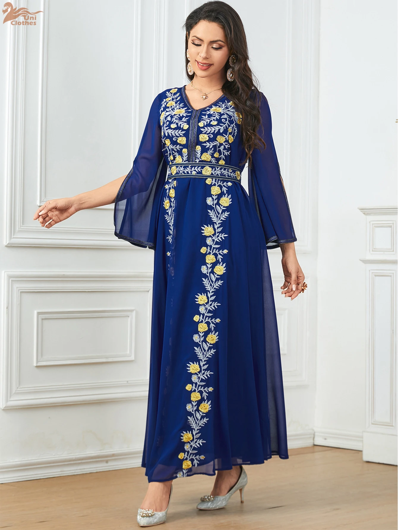 Мусульманские модные платья Рамадан с вышивкой для женщин сетчатый рукав