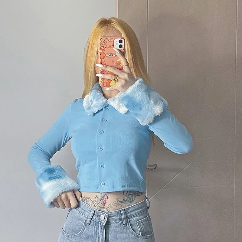 

Blue Plush Ribbed Knit Ladies Cardigan Cardigan Sweater Furry Collar Long Sleeve Slim Fall/Winter Women's Knitwear