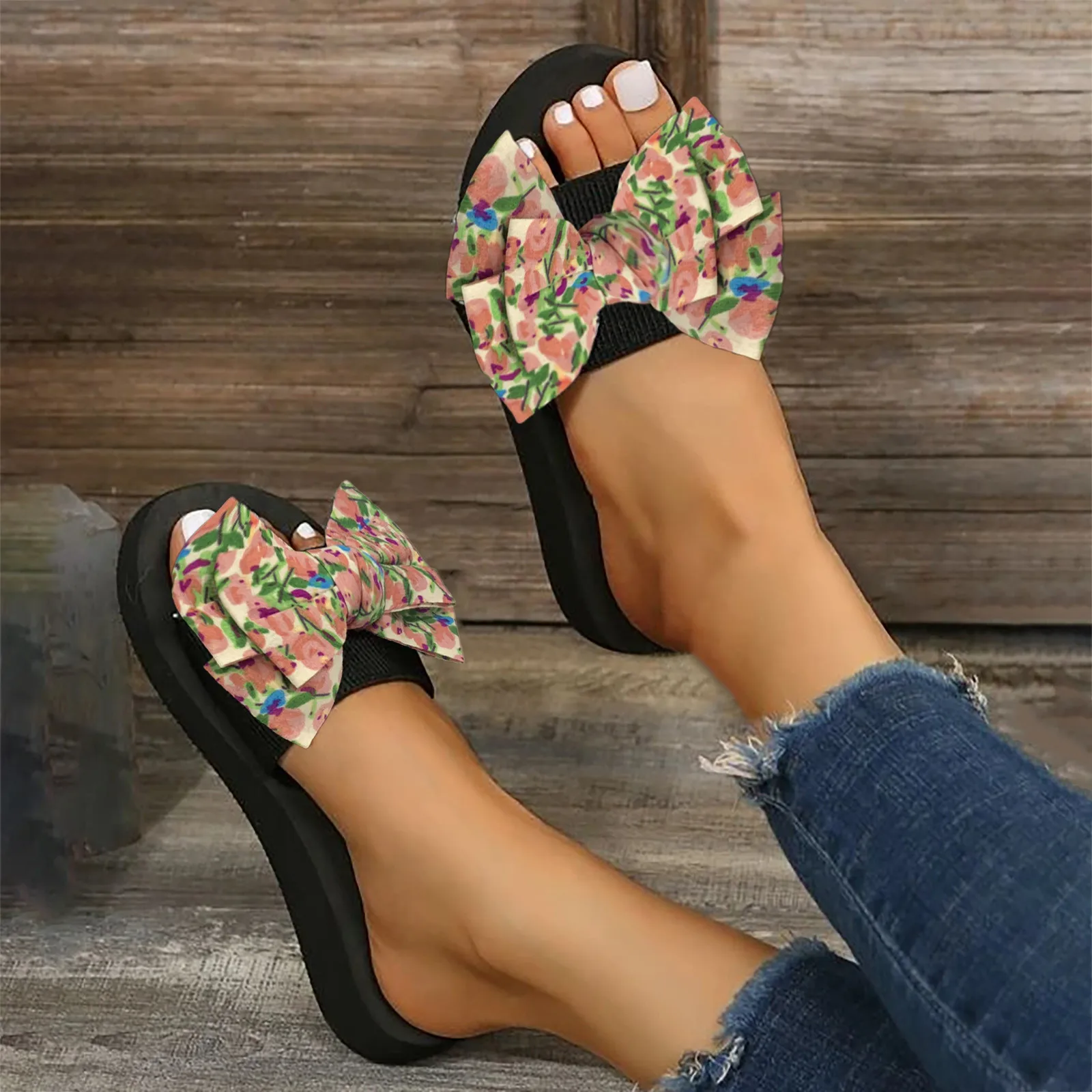 Летние пляжные тапочки с бантом Женские повседневные плоские цветочным рисунком