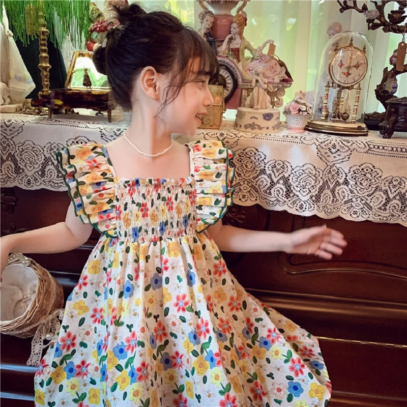 

Новое поступление лета 2023, милое розовое платье без рукавов с оборками и цветочным принтом для девочек, милое праздничное платье, Custume 18M-6T