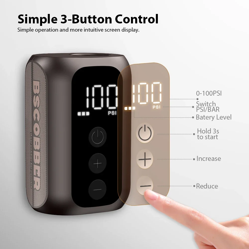 Фото BSCOBBER A5mini Портативный воздушный насос Портативный перезаряжаемый беспроводной велосипедный аксессуар Накачка шин 100PSI Высокое давление №3