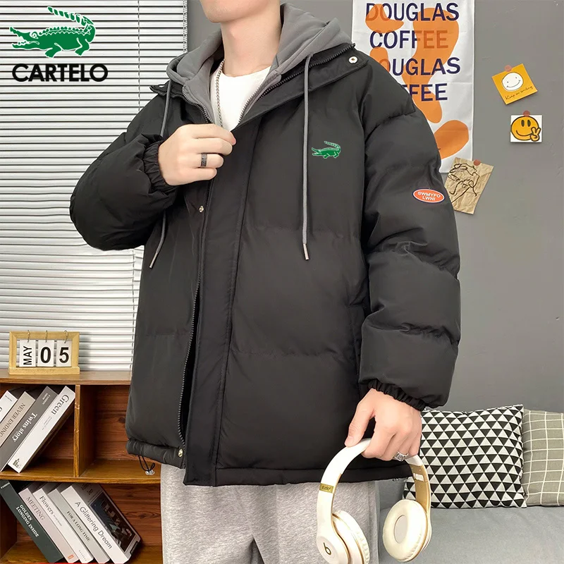 Cartelo brand 2022 winter hooded cotton clothes men's Korean version of the trend wear handsome casual fake two-piece jacket ins