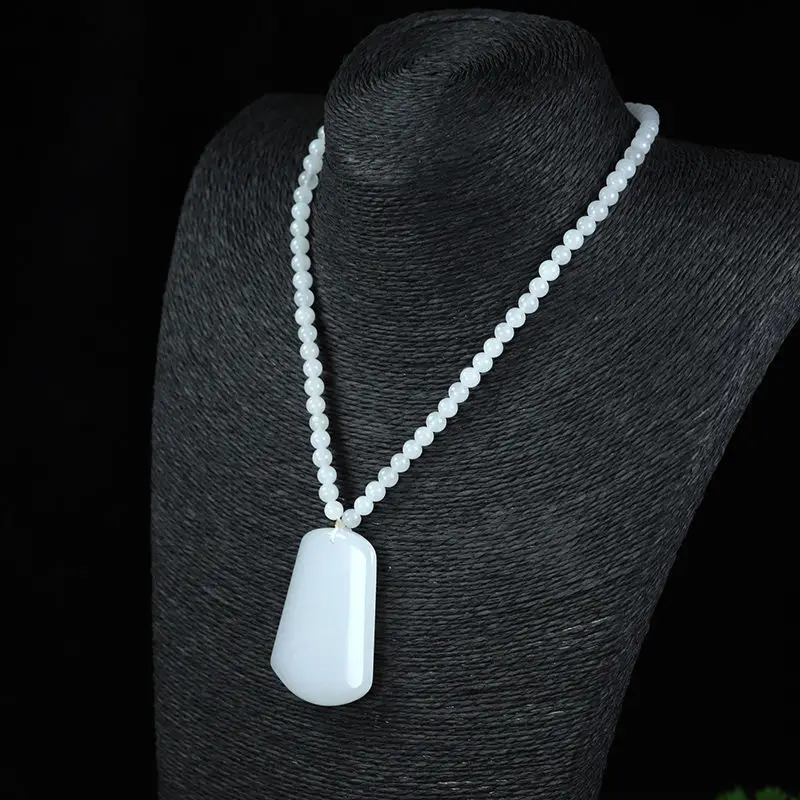 

Genuine Natural White Jade Pendant Beaded Necklace Men Women Fashion Rectangle Jades Charm Sweater Chain Fine Jewelry Accessorie