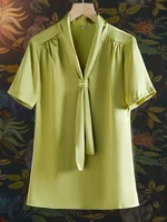 solid green women blouses ribbon neck ruffled shoulder office ladies short sleeve shirt fashion elegant white tops summer 2022