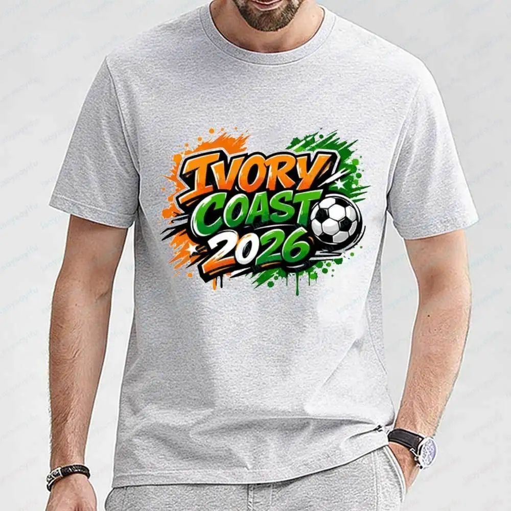Фото Мужская футболка сборной Кот-д'Ивуара 2026 с коротким рукавом, повседневная, с графическим принтом в цветах национального флага и футбольным рисунком для любителей спорта №4