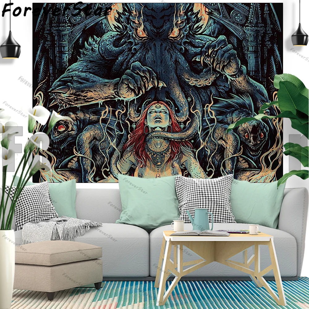 

Skull Satan Pentagram Thorns Tapestry Wall Hanging Candle SM Tapestries Art Aesthetic Room Decoration Bedroom Erotica Blue Pink