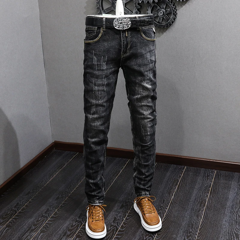 Fashion Vintage Trousers Men Jeans Retro Black Gray Elastic Stretch Slim Fit Ripped Jeans Men Casual Designer Denim Pants Hombre