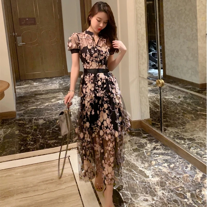 High-end Custom Luxury Runway Dress Vintage Cherry Blossom Embroidery Mesh Sequined Layering Long Dresses New Summer Party Robe
