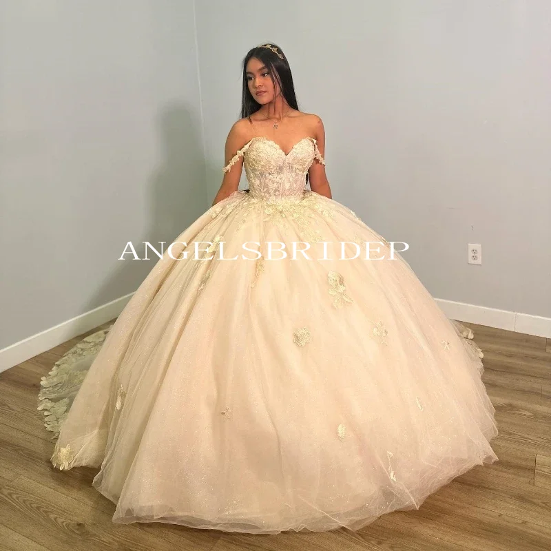 ANGELSBRIDEP Платье Quinceanera с цветком шампанского и открытыми плечами 3D кружево бисером