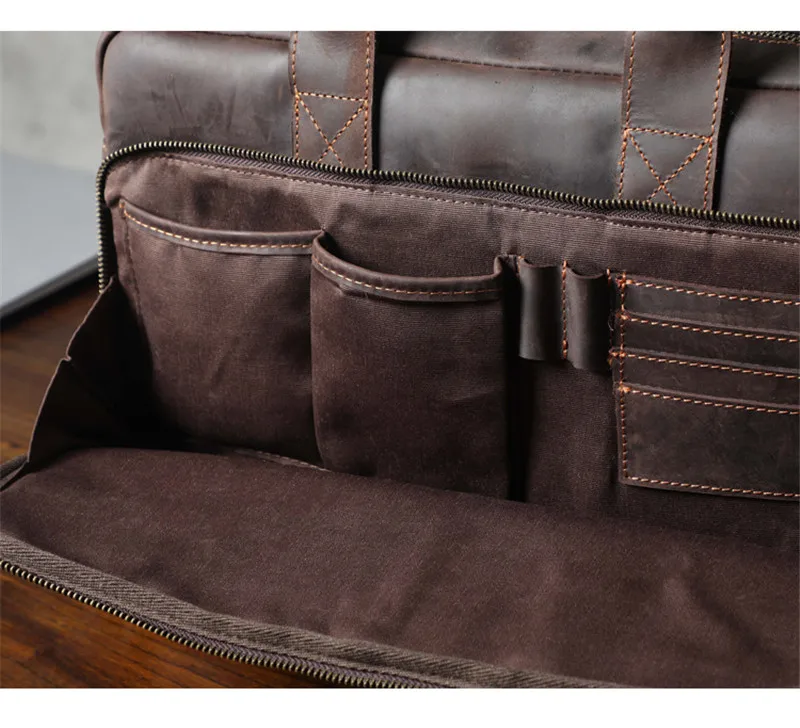 Retro fashion handmade designer crazy horse cowhide men 14 inch coffee briefcase outdoor office laptop computer business handbag