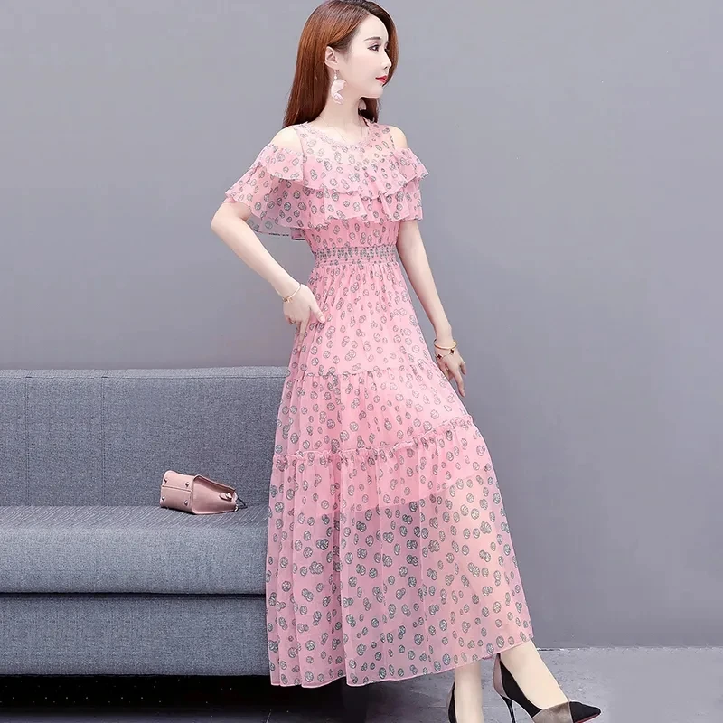 

Summer Pink Floral Dress Women Elegant Off Shoulder Party Dress High Quality Chiffon Ruffle A-Line Dress Casual Vestidos