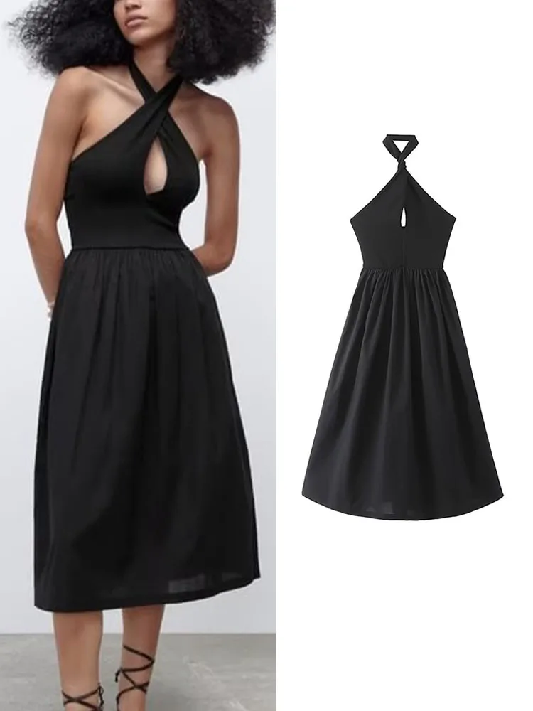 

TRAF Sexy Women Hollow Out Camisole Dresses 2022 Summer Fashion Female Mid-Calf Dress Backless Beach Party Vestidos Mujer