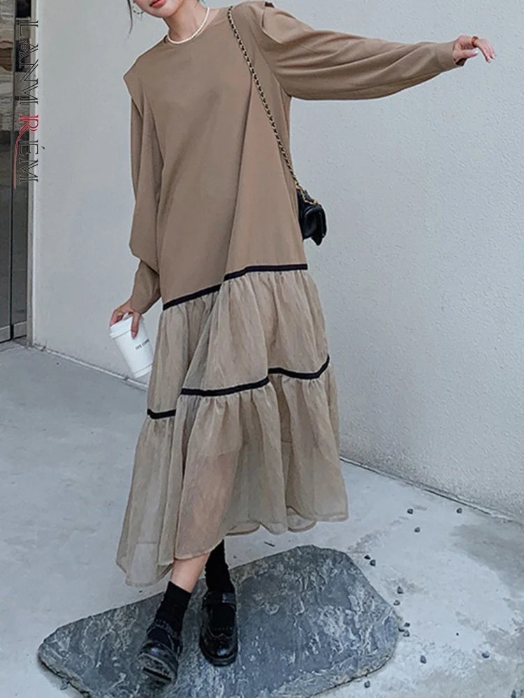 

LANMREM Khaki Dress For Women Round Neck Long Sleeves Mesh Stitching Dresses Female Casual Clothing 2023 Autumn New 2DA1784