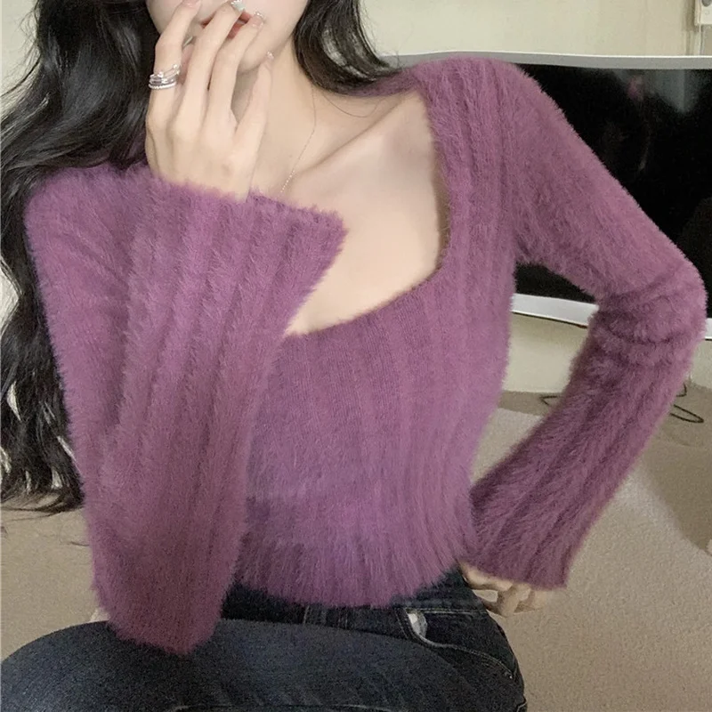 Korean Style Mink Cashmere Sweater Women's Short Square Neck Purple Slim Knit Sweater Tops 2022 Fall Winter New Retro pullover
