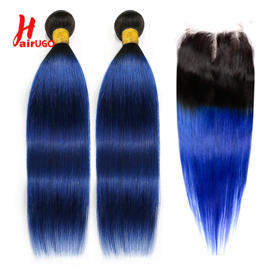 HairUGo Brazilian T1B/BLUE Straight Bundles With Closure 10-26 Inch Hair Weaves Ombre Human Hair Bundles With Closure Remy Hair