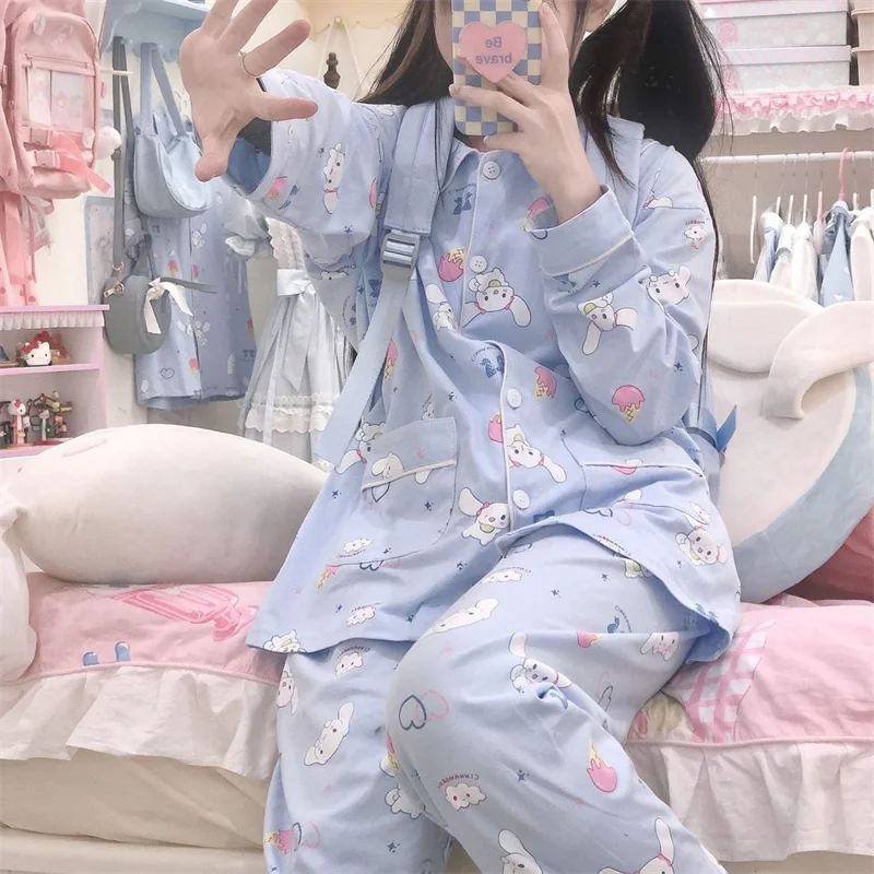 

Sanrio Kawaii Cinnamoroll Pajamas Student Cartoon Spring and Autumn Pure Cotton Long Sleeved Trousers Versatile Girls Home Wear