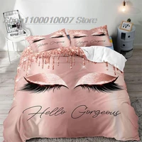 3pcs hello gorgeous king duvet cover luxury rose gold glitter bling eyelash makeup glam girly fashion bedding set pillowcases