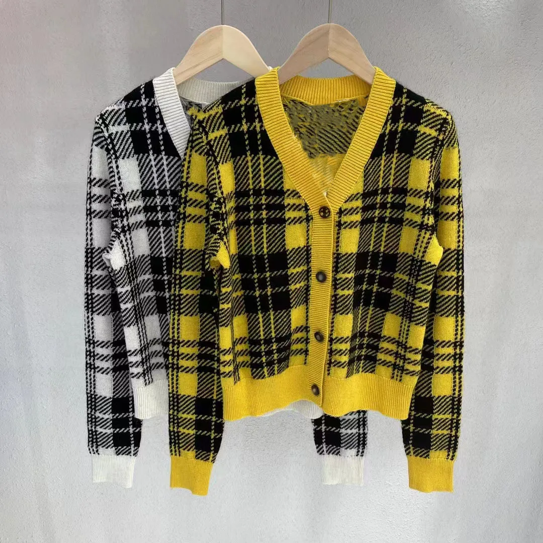 

Spring Autumn Chic Women's High Quality V-neck Plaid Cardigans Knitted Jackets A788