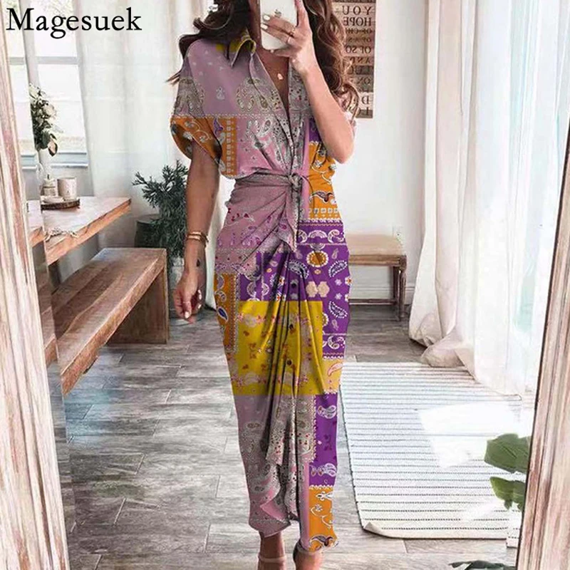 

2022 Summer Beach Dress Women Fashion Sexy Lace Up Floral Dresses Single Breasted Office Lady Casual Long Dress Vestidos 21874