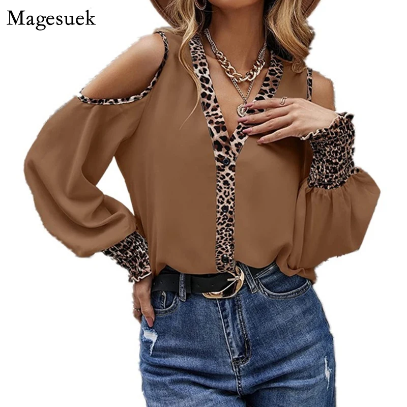 

Fashion Sexy Off Shoulder Women Shirt Button Leopard V-neck Long Sleeve Blouses Women Casual Solid Elegant Slim Lady Tops 22700