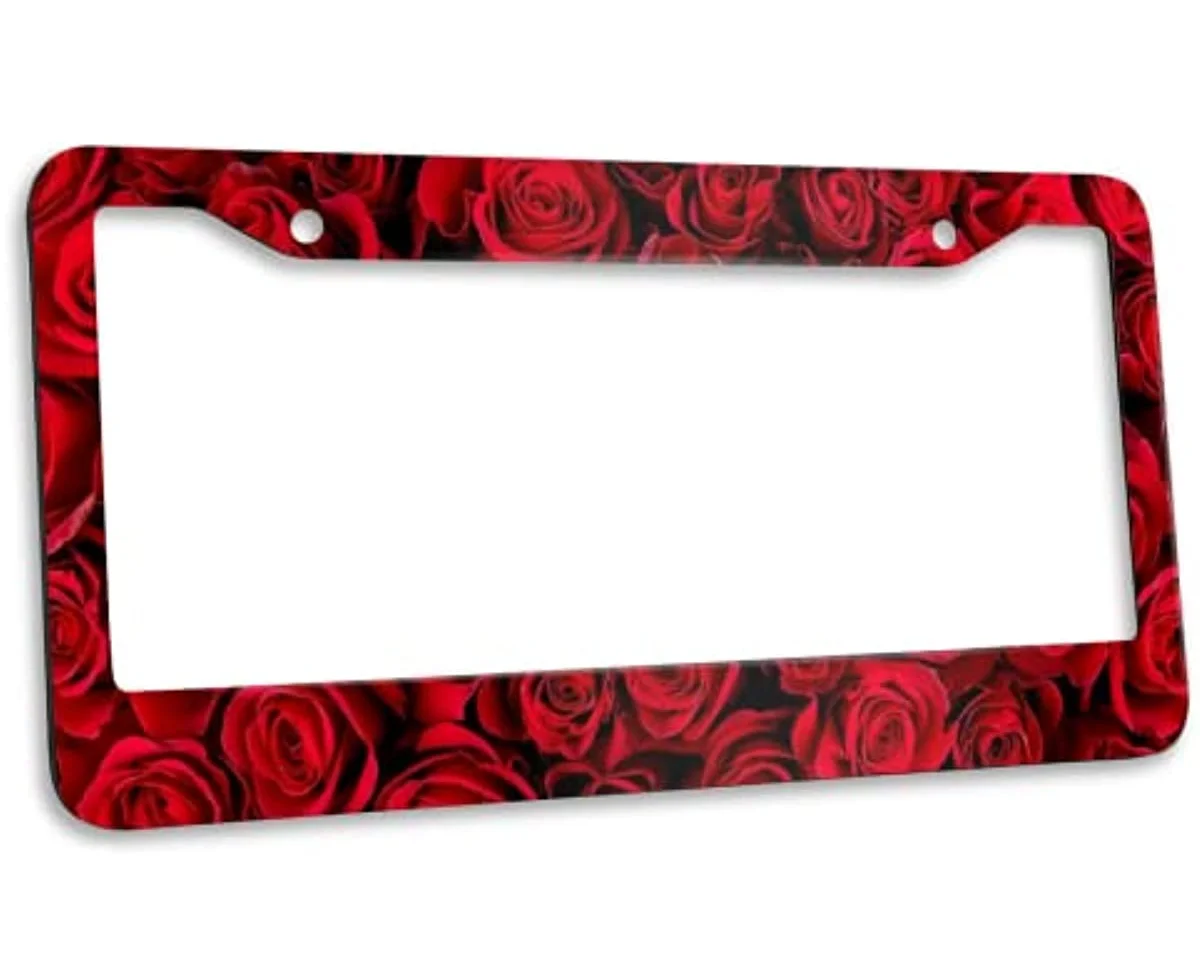 

License Plate Frame Stainless Red Roses Car License Plate Cover Accessory Decorative 2 Holes and Screws Fits US Standard