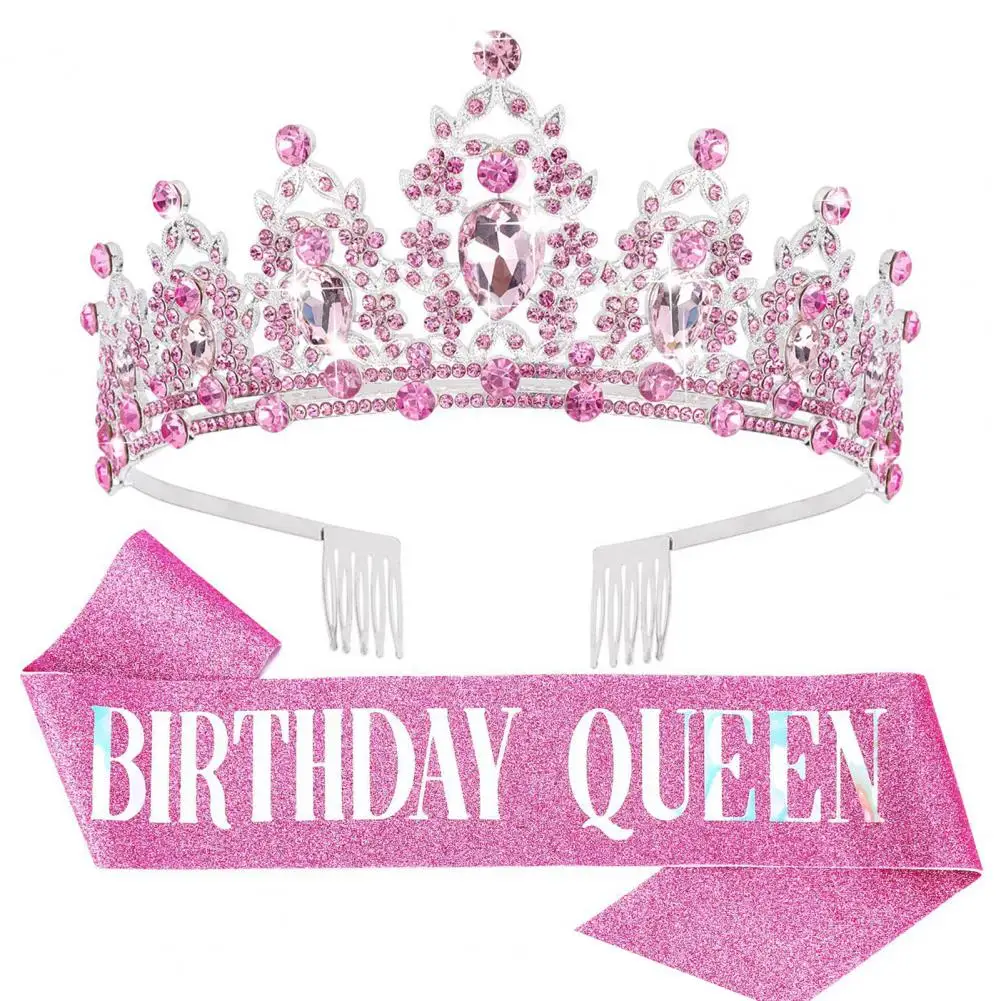 

Crown Birthday Party Etiquette Accessories Queen Crown Inlay Belt Set Long Ribbon Shoulder Strap Birthday Girl Crown
