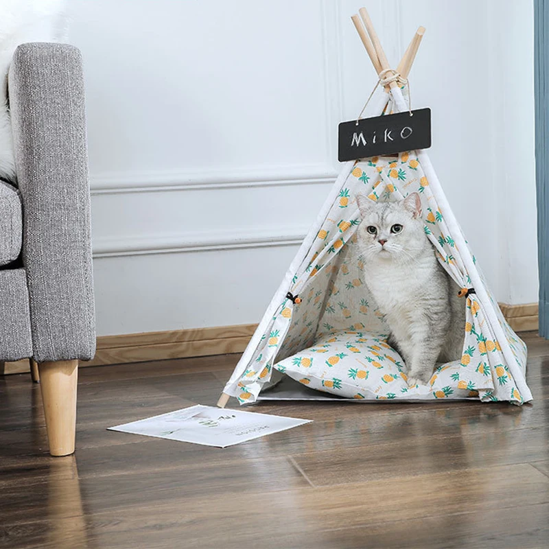 

Pet Tent House Cat Bed Kennel Assemble Camping Den Linen Printing Pattern Detachable Canvas Pads Cushion Doghouse Pet Supplies