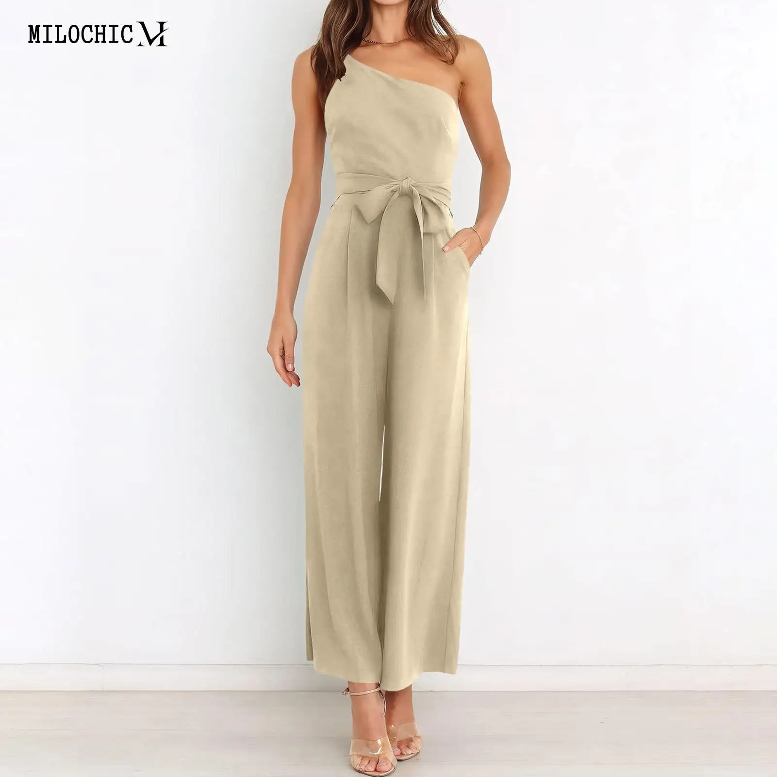 

Backless Asymmetrical Women Sling Long Jumpsuit Solid Color Ladies Wide Leg Jumpsuit Rompers Elegant Style Office Work Suit
