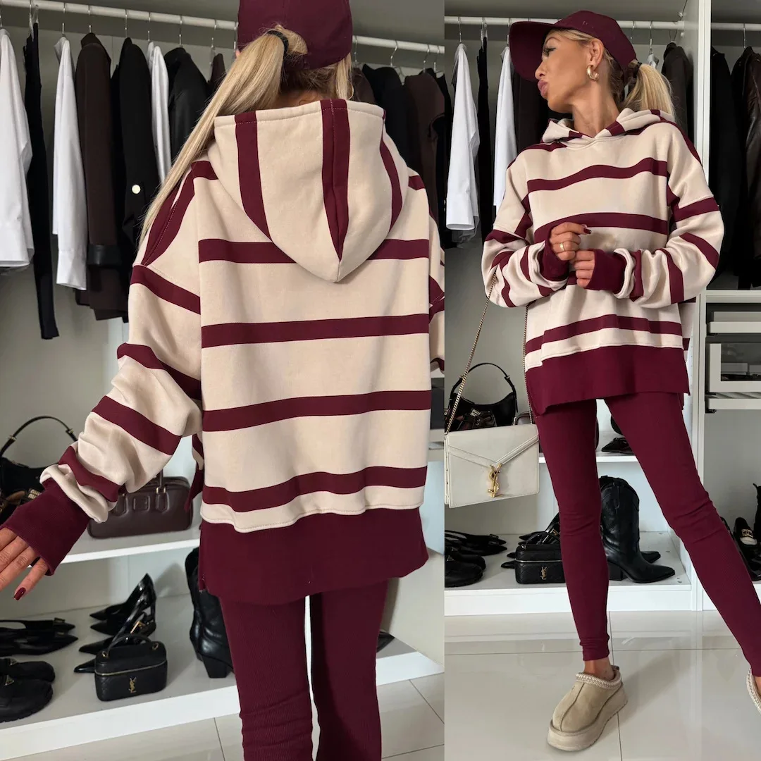 Casual Loose Striped Print Hooded Sweatshirt Women's Set Fashion Pullover + Pencil Pants 2-piece Women Sports Outfit