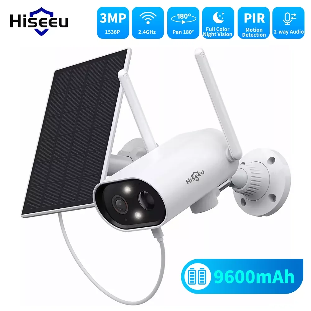 

Hiseeu 3MP Solar Rechargeable Battery Camera Panel WIFI PTZ Video Surveillance Outdoor Waterproof Security Cams PIR Color Night