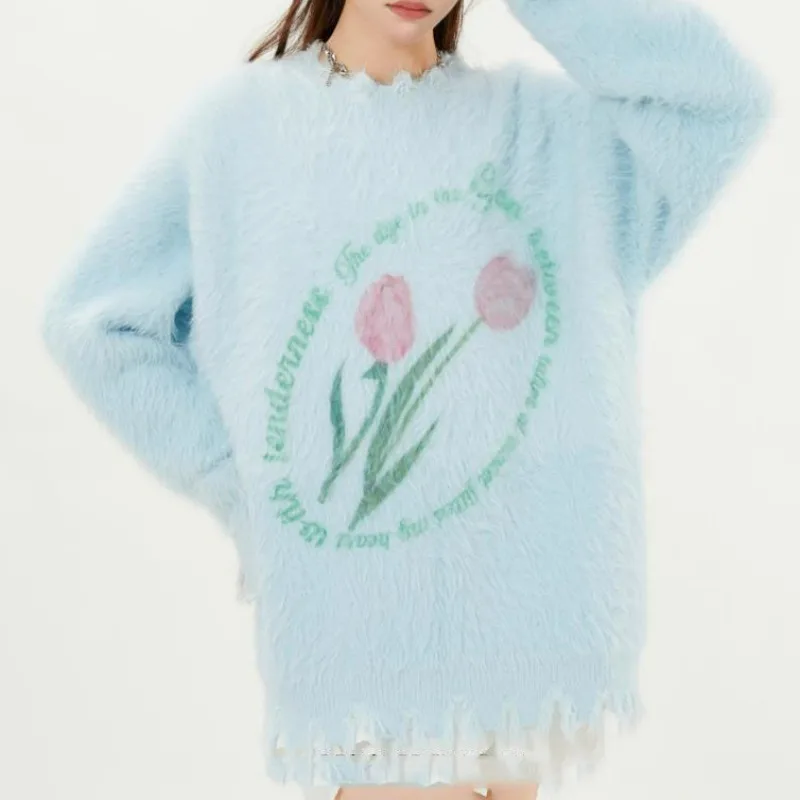 

O Neck Hole Loose Grunge Sweater Y2k 2023 Autumn Winter New High Street Pull Femme Chic Flower Print Vintage Sweet Knit Jumpers