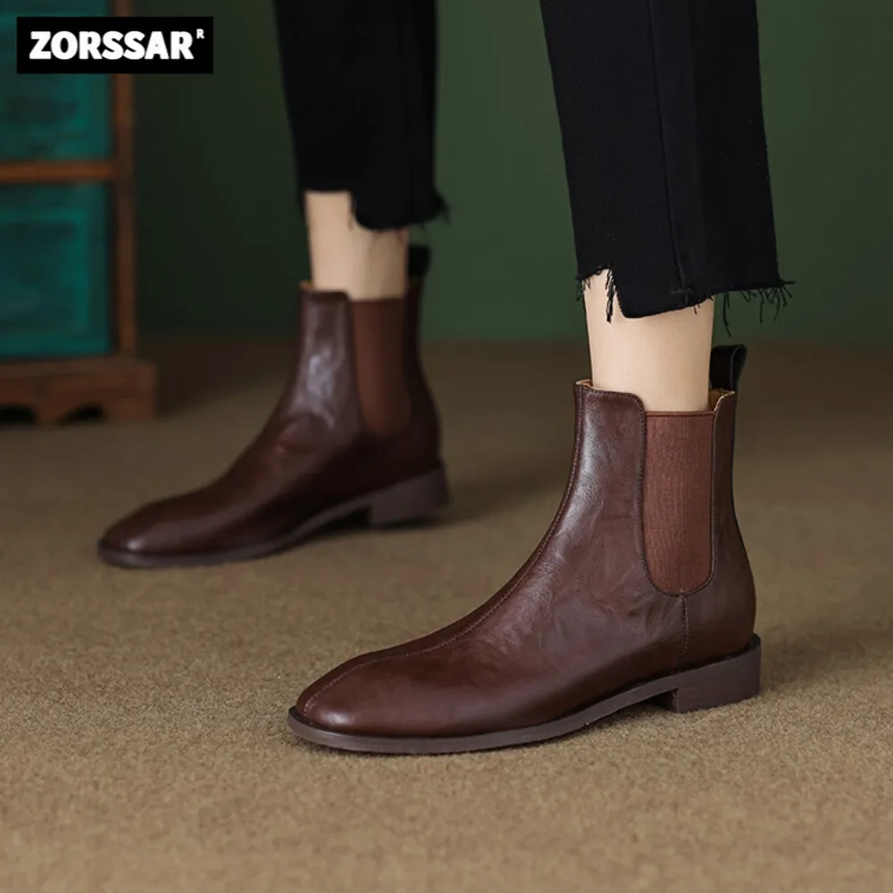 

2023 New Cow Leather Round Toe Flats Ankle Boots Women Leather Flat Heel Chelsea Short Boots Female Casual Shoe Winter Boot Girl