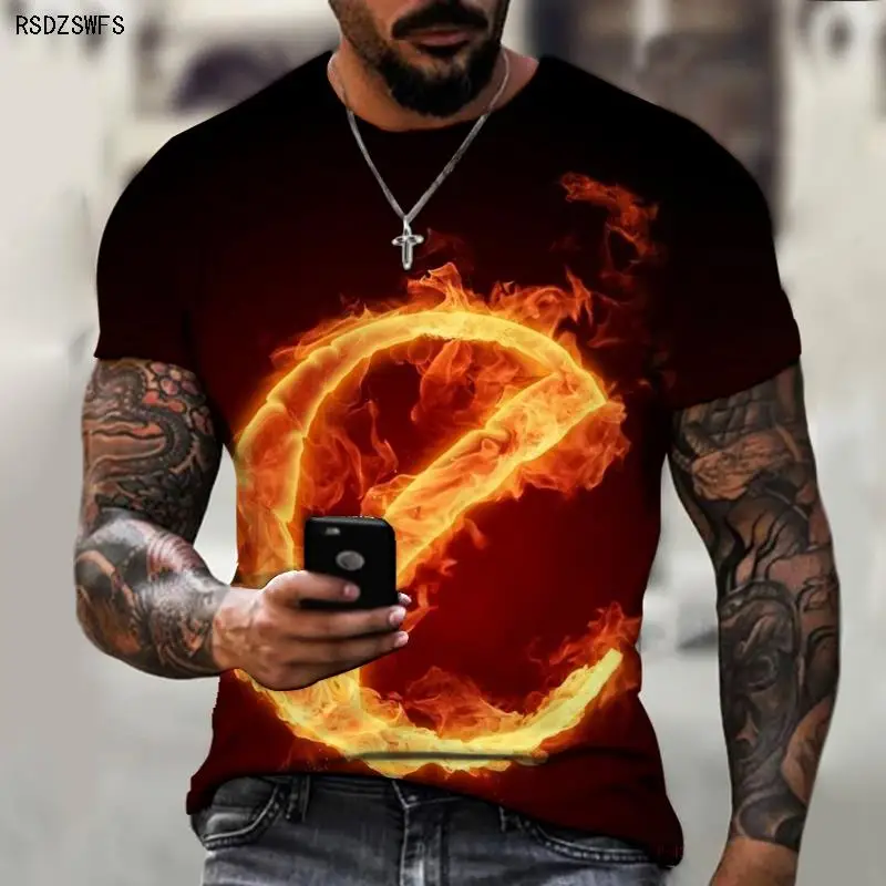

With Flame English Letters 3D Printing Men's T-shirt Round Neck Shirt Initials Must Be Selected Super Dazzling Cool Trend S-5XL
