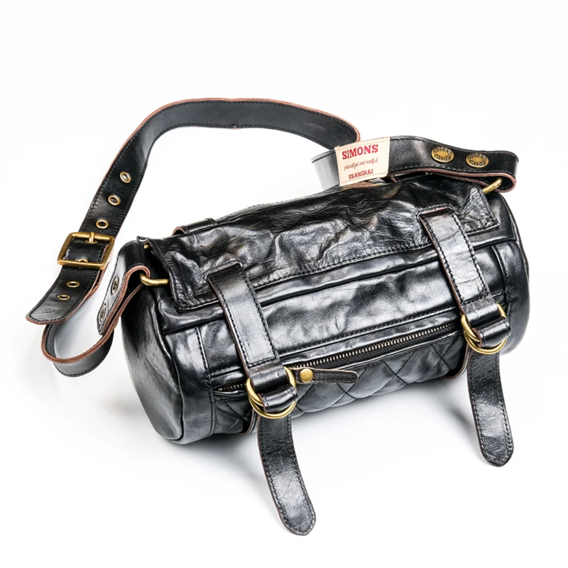 Vintgae Motorcycle Head Bag Tea Core Horse Leather Diamond TWO-WAY Shoulder Bag Bucket Bag Amekaji Messenger Bag