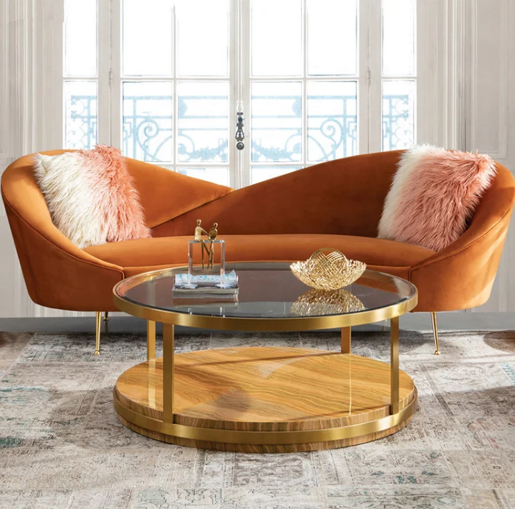 

Golden Steel Leg Moon Design Wood living room sofa Italian Velvet Fabric Curve Sofa